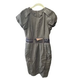 Hanii Y.‎ Gray Dress Puff Sleeve Beaded Belt Fitted Party Cocktail Career